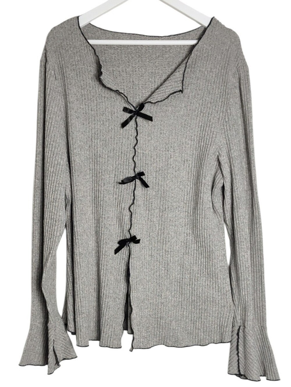 Grey Ribbed Long Sleeve Knit Bowknot Front Loungewear Style Top Size 3X Ballet